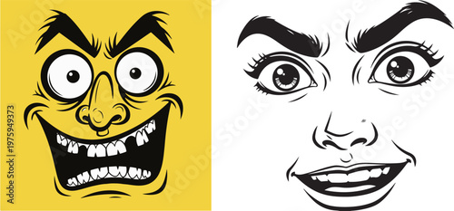 A vector comparison featuring a wild, yellow-faced cartoon with missing teeth and thick eyebrows next to a realistic black and white sketch of a woman’s face with an expressive, slightly open mouth.