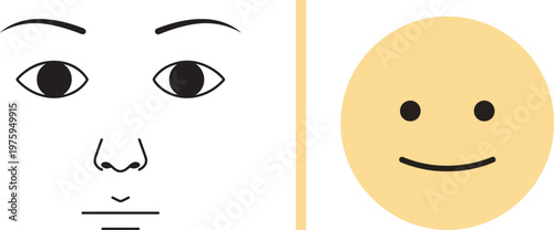 A vector illustration showing a minimalist human face outline with simple black eyes and a nose next to a basic yellow circular emoji featuring a friendly, slight smile and dot eyes.