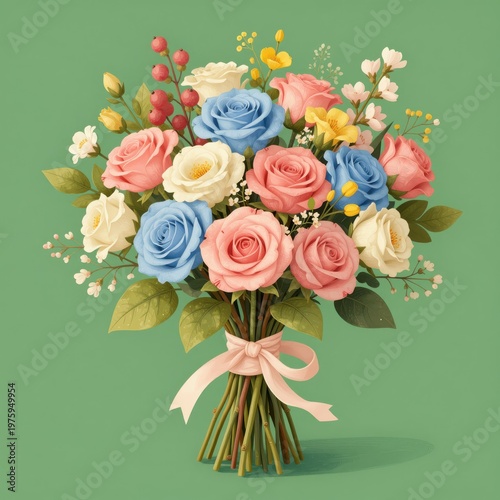 Vibrant Bouquet of Pink, Blue, and White Roses with Green Foliage Tied with a Soft Ribbon Against a Solid Green Background, Ideal for Floral Design, Wedding Invitations, or Romantic Greeting Cards.