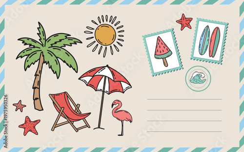 Summer postcard with tree, ice cream, sun
