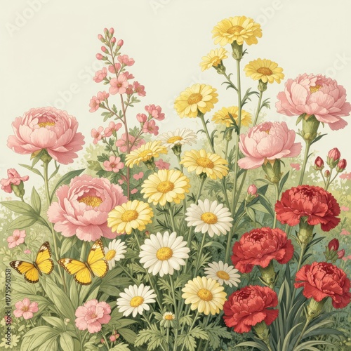 Vibrant Garden Bouquet of Pink Peonies, Yellow and White Daisies, Red Carnations, and Butterflies on Soft Cream Background