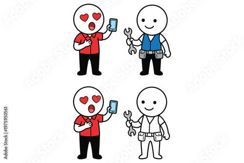 Man in love with phone, worker with tools, color and outline comparison.