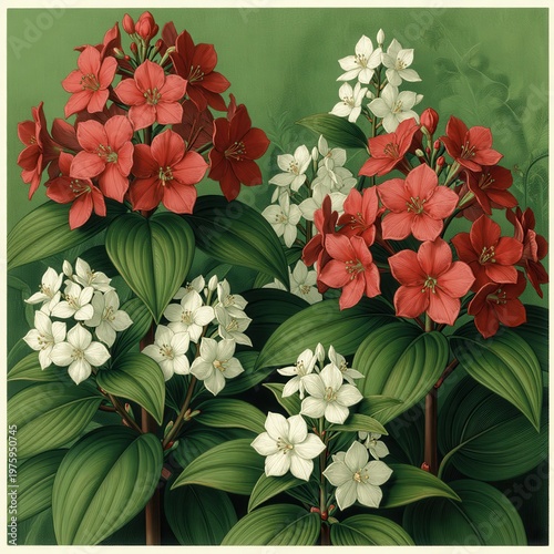 Vibrant Red and White Flowers with Lush Green Leaves in a Stylized Botanical Illustration Against a Soft Green Background, Perfect for Design, Nature Themes, and Creative Projects.