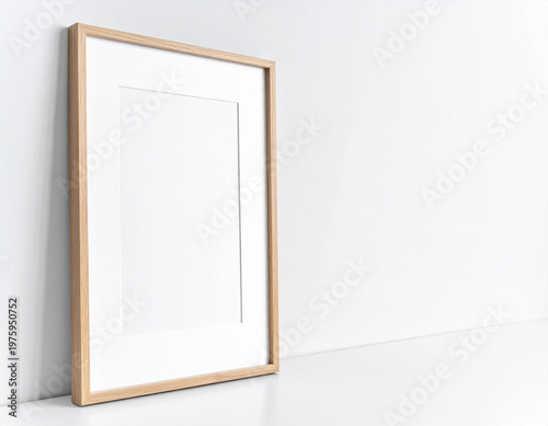 Wooden Picture Frame leaning against a wall, mock up isolated on white background, copy space