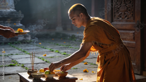 朝の寺院で供物を整える東南アジア30代男僧侶、静かな準備の手元