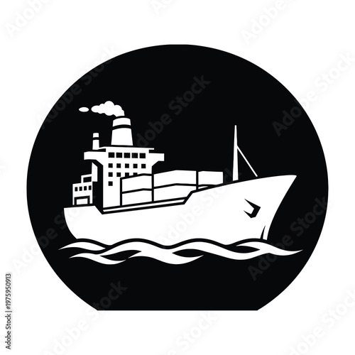 Industrial cargo ship sailing on water, smoke billowing from stack