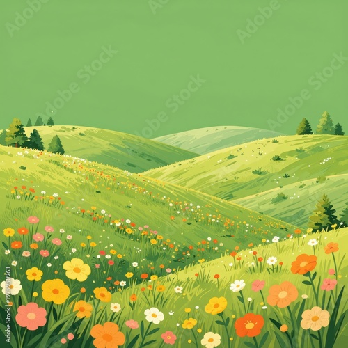 Vibrant Vector Illustration of Rolling Green Hills with Colorful Wildflowers in a Serene Spring Meadow Landscape