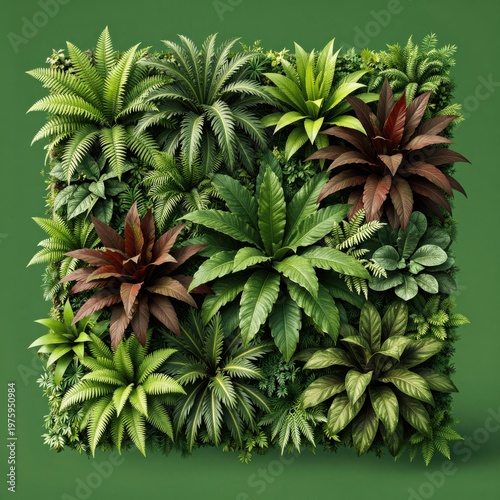 Vibrant Vertical Garden Wall Design with Lush Tropical Plants Including Ferns, Bromeliads, and Leafy Varieties Arranged in a Square Composition for Interior Decor Inspiration or Digital Art.