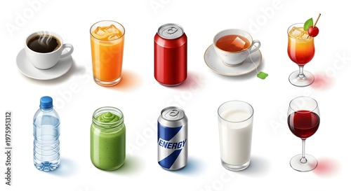 Assorted beverages including coffee, juice, soda, tea, and cocktails with various drinks isolated on white background