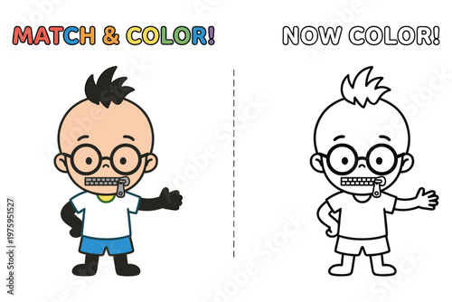Match and color now color young boy with zippered mouth learning activity.
