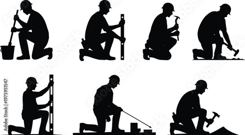 Construction worker silhouette set, builder measuring hammering kneeling poses black vector collection isolated on white background, labor illustration design