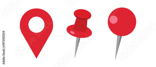 Set of Red Map Pointer and Push Pin Icons