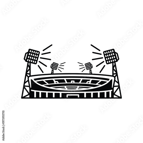 A black and white illustration of a large stadium with floodlights