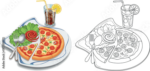 pizza with slice vector illustration hand drawn clipart and lineart