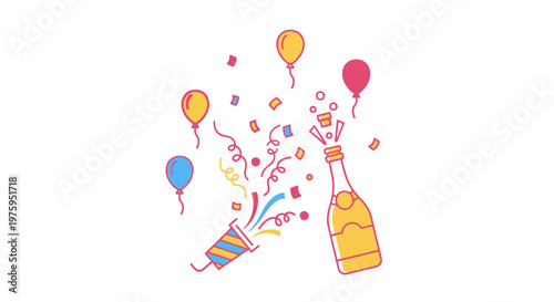 Celebration illustration with champagne bottle balloons confetti and party popper