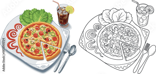 pizza with slice vector illustration hand drawn clipart and lineart