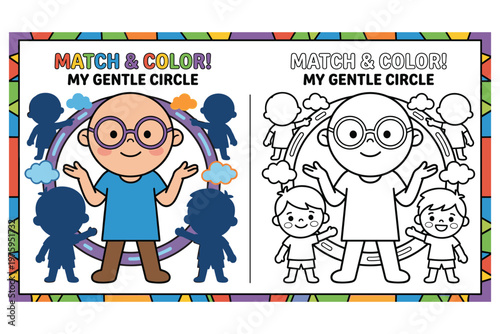 Match and color gentle circle, children's game with happy kids and clouds.