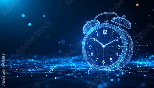 Digital alarm clock, rendered in luminous blue, stands on a glowing networked surface against a dark background