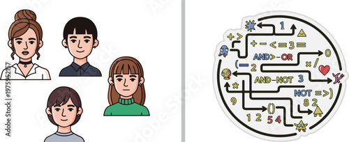 Bild auf Leinwand Vector set featuring diverse young male and female avatars in a flat design style alongside a complex circular logic diagram with arrows, numbers, and boolean operators like AND, OR, and NOT