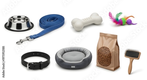 A collection of dog accessories including a bowl, leash, bone, toy, collar, bed, food, and brush on a white background