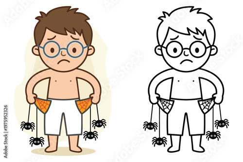 Sad boy showing empty pockets with spiders, concept of poor people and financial difficulties.