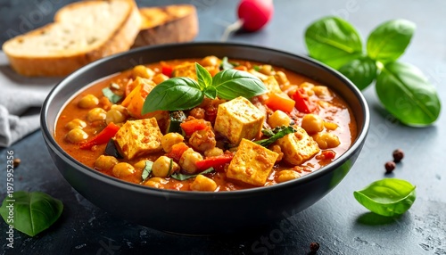 Delicious Chickpea and Paneer Curry with Fresh Basil Garnish.