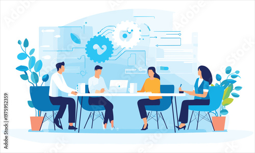 Business communication concept. Group of employees discussing idea at table. Brainstorming and company development, directors council or analytical department. Cartoon flat vector illustration