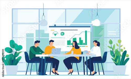 Business communication concept. Group of employees discussing idea at table. Brainstorming and company development, directors council or analytical department. Cartoon flat vector illustration