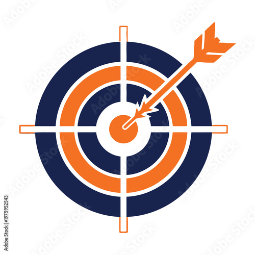 Target with orange arrow hitting bullseye on blue and orange background accurately precise