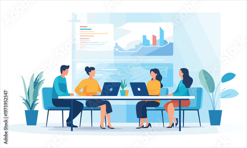 Business communication concept. Group of employees discussing idea at table. Brainstorming and company development, directors council or analytical department. Cartoon flat vector illustration