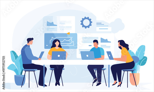 Business communication concept. Group of employees discussing idea at table. Brainstorming and company development, directors council or analytical department. Cartoon flat vector illustration