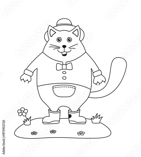 Positive cat in clothes standing on a flowered lawn, front view, vector illustration. The lines have been converted into filled vector shapes (expanded strokes)