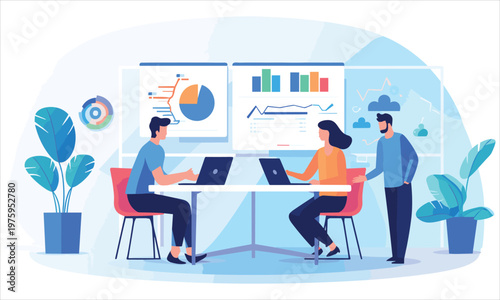 Business communication concept. Group of employees discussing idea at table. Brainstorming and company development, directors council or analytical department. Cartoon flat vector illustration