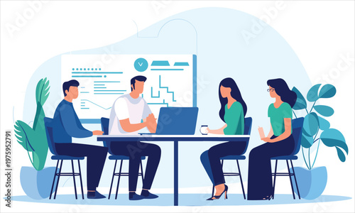 Business communication concept. Group of employees discussing idea at table. Brainstorming and company development, directors council or analytical department. Cartoon flat vector illustration
