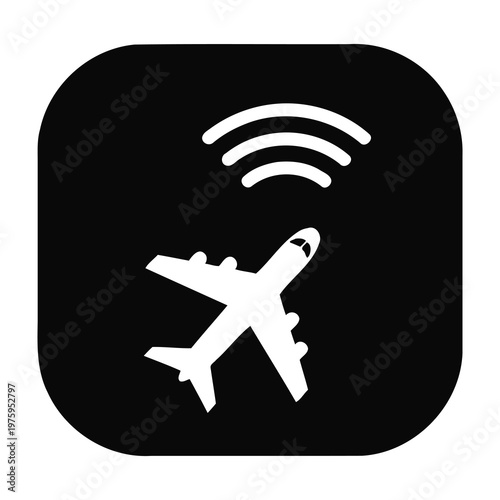 Airplane with WiFi signal icon on black background for travel and technology concepts