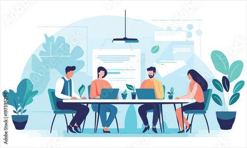 Business communication concept. Group of employees discussing idea at table. Brainstorming and company development, directors council or analytical department. Cartoon flat vector illustration