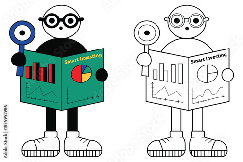 Smart investing strategy with a person reading financial charts and data on a magnifying glass.