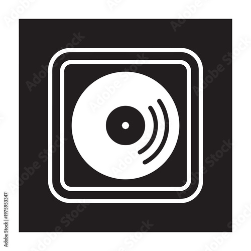 Vinyl record player icon in white on black background with rounded square frame