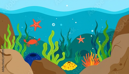 vibrant underwater tide pool scene with starfish, seaweed, and marine life in daylight
