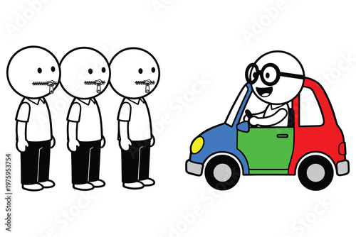 Young man driving colorful car passing three men with zippered mouths illustrating silence.