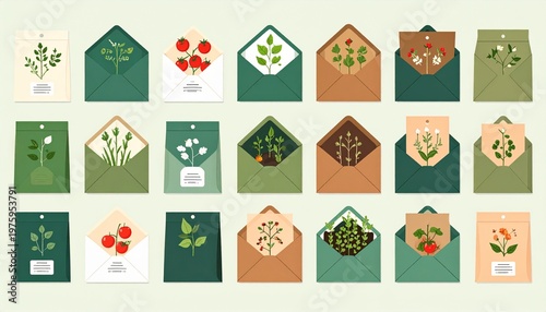 set of twelve seed packet envelopes with botanical illustrations and herbs in flat design