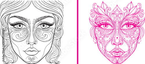 Intricate vector set featuring two female faces adorned with elaborate floral and swirl patterns; one in detailed black line art and the other in a vibrant magenta ornamental style.
