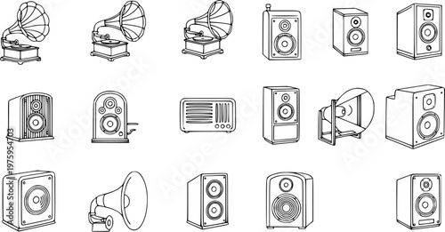 Black and White Line Art Icons: Audio Devices featuring Vintage Gramophones, Modern Speakers, Retro Radios, and Sound Horns