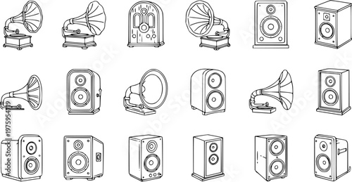 Outline Icons of Audio Devices: Vintage Gramophones, Modern Speakers, and Retro Radios in Black and White Line Art