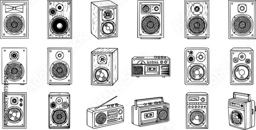 Retro Audio Equipment Hand-Drawn Line Art Collection with Vintage Speakers, Boomboxes, and Stereo Systems in Black and White Sketch Style