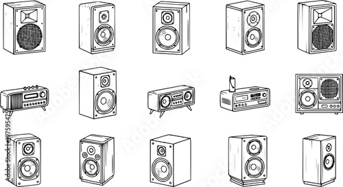 Black  White Line Art Audio Technology Icons: Hand-Drawn Collection of Speakers, Vintage Radios  Stereo Systems