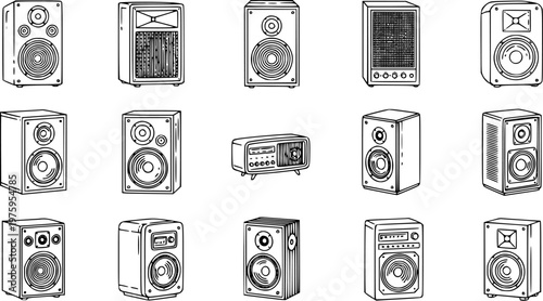 Hand-Drawn Black and White Line Art Set of Audio Speakers and Retro Radio Receivers for Music and Electronics Industry