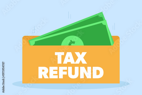 Tax refund payment. Illustration of a yellow envelope with cash inside.