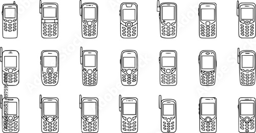 Black and White Line Art Collection of Vintage Mobile Phone Icons and Illustrations