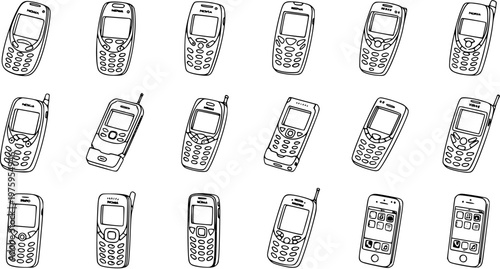 Black and White Line Art of Various Old and Modern Mobile Phones, Technology Icons